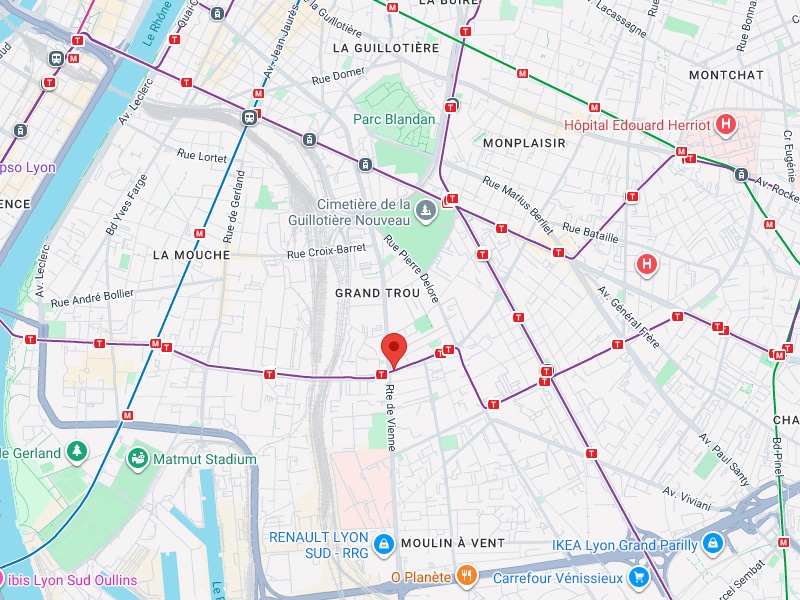 Carte des transports à Lyon : La Mouche, Grand Trou et Guillotière. Carte détaillée du sud-est de Lyon. Réseau de tram et métro près de La Mouche, Grand Trou, Matmut Stadium et Hôpital Herriot.