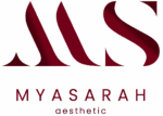 Logo de luxe MYASARAH esthétique. Initiales stylisées bordeaux (MS) avec dégradé sur fond vert. Texte : MYASARAH aesthetic.